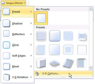 3-D Options in the Preset gallery