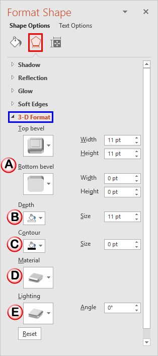 3-D Format options within Format Shape Task Pane