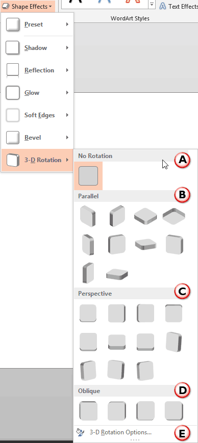 3-D Rotation sub-gallery within the Shape Effects drop-down galler
