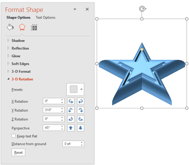 3-D Rotation options edited within the Format Shape Task Pane