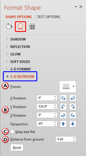 3-D Rotation options within Format Shape Task Pane 3-D Rotation options within Format Shape Task Pane