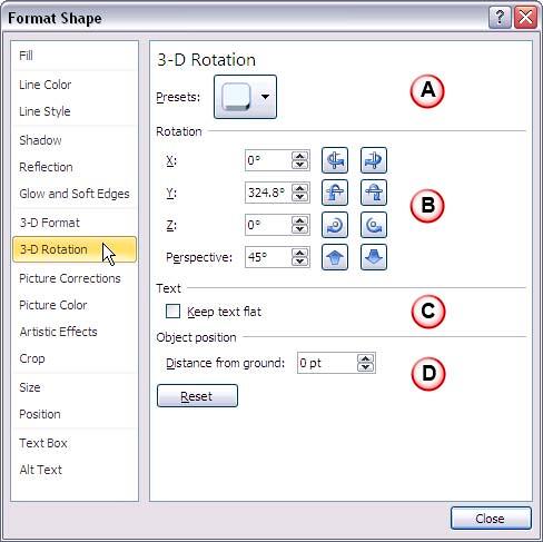 3-D Rotation options within Format Shape dialog box 3-D Rotation options within Format Shape dialog box
