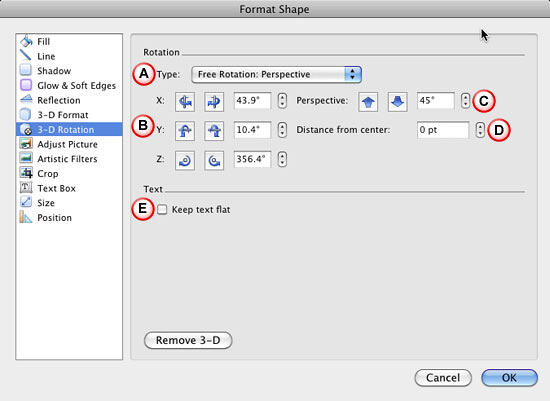 3-D Rotation options within Format Shape dialog box 3-D Rotation options within Format Shape dialog box