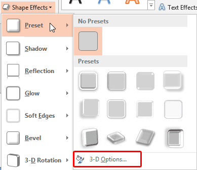 3-D Options within the Preset sub-gallery 3-D Options within the Preset sub-gallery