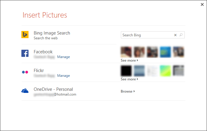 Insert Pictures dialog box with online picture services listed Insert Pictures dialog box with online picture services listed