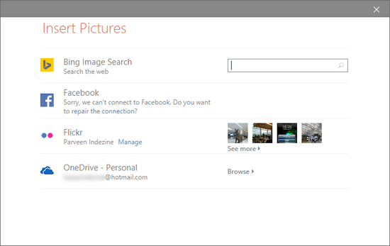 Insert Pictures dialog box with online picture services listed
