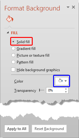 Solid fill radio button selected within the Format Background Task Pane Solid fill radio button selected within the Format Background Task Pane