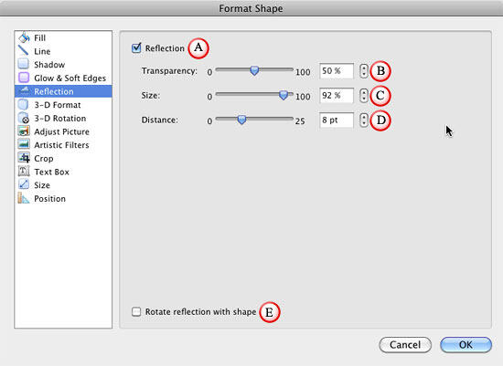 Reflection options within the Format Shape dialog box Reflection options within the Format Shape dialog box