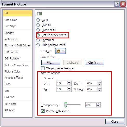 Stretch options in the Format Picture dialog box Stretch options in the Format Picture dialog box