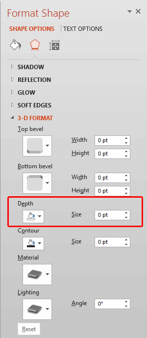 Depth option within Format Shape Task Pane Depth option within Format Shape Task Pane