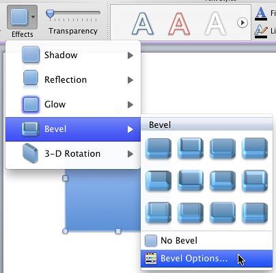 Bevel Options in the Bevel gallery