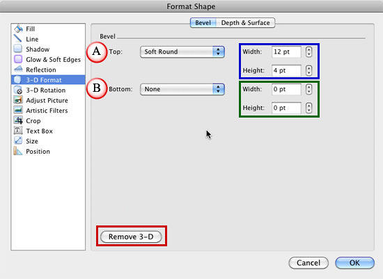 Bevel Options within Format Shape dialog box