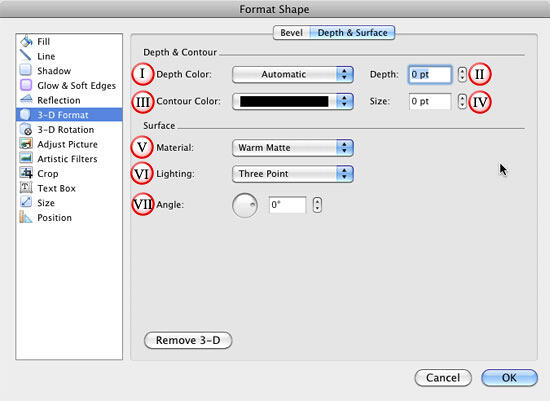 Depth & Surface options within Format Shape dialog box