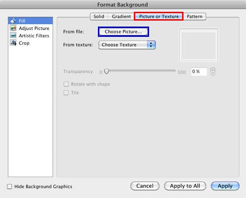 Picture or Texture tab selected within the Format Background dialog box Picture or Texture tab selected within the Format Background dialog box