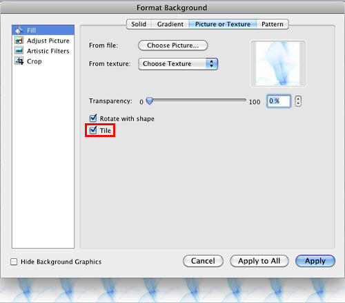 Selecting the Tile check-box removes the pixelation by tiling the custom texture Selecting the Tile check-box removes the pixelation by tiling the custom texture