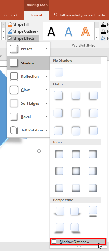  Shadow Options within Shape effects drop-down gallery