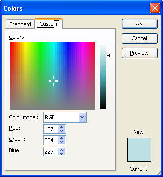 Custom tab of the Colors dialog box Custom tab of the Colors dialog box