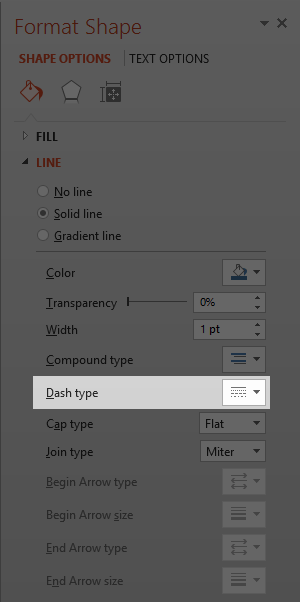 Dash type option in the Format Shape Task Pane Dash type option in the Format Shape Task Pane