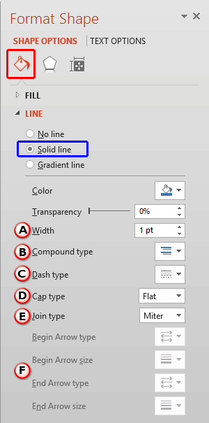 Format Shape Task Pane with Line options Format Shape Task Pane with Line options