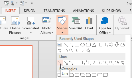 Line shape within the Shapes drop-down gallery