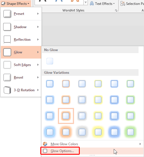 Glow Options within the Glow sub-gallery Glow Options within the Glow sub-gallery