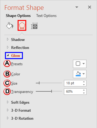 Glow Options within Format Shape Task Pane
