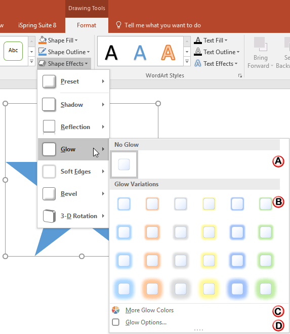 Glow sub-gallery within the Shape Effects drop-down gallery
