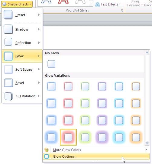 Glow Options within the Shape Effects gallery Glow Options within the Shape Effects gallery