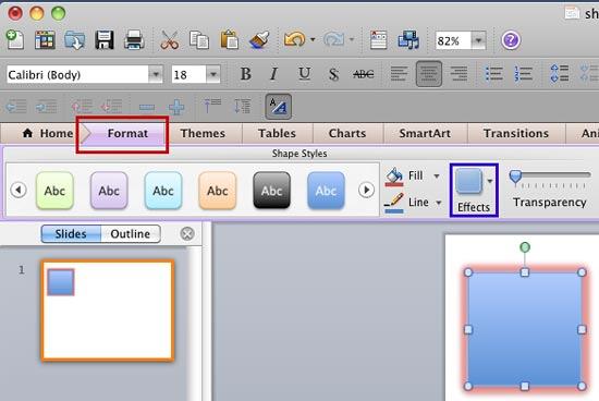 Effects button within the Format tab of the Ribbon