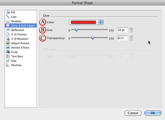 Glow options within Format Shape dialog box