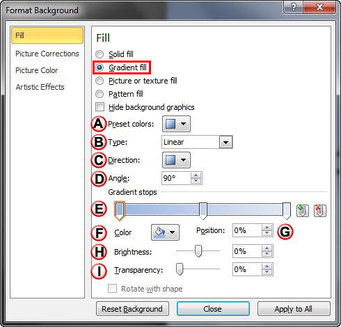 Gradient fill radio button selected within the Format Background dialog box Gradient fill radio button selected within the Format Background dialog box