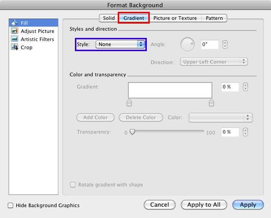 Gradient tab selected within the Format Background dialog box Gradient tab selected within the Format Background dialog box