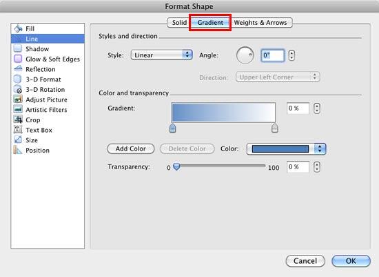 Gradient options for Line within the Format Shape dialog box
