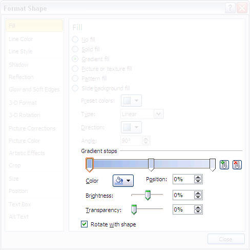 Gradient Stops options in the Format Shape dialog box