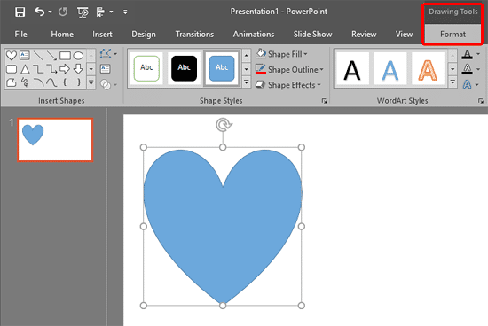 Drawing Tools Format tab of the Ribbon