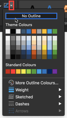 No Outline option within Shape Outline drop-down galley No Outline option within Shape Outline drop-down galley