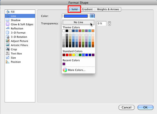 No Line option within Format Shape dialog box No Line option within Format Shape dialog box