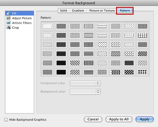 Pattern tab selected within the Format Background dialog box Pattern tab selected within the Format Background dialog box
