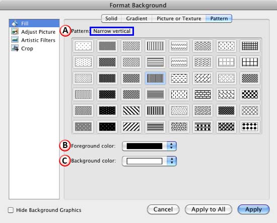 Pattern options within the Format Background dialog box Pattern options within the Format Background dialog box