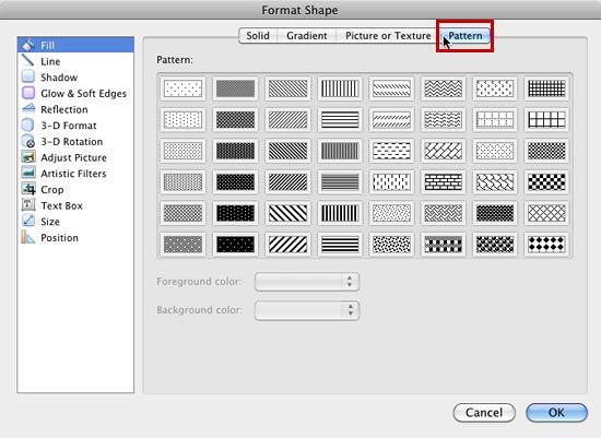 Pattern previews within Fill panel of the Format Shape dialog box