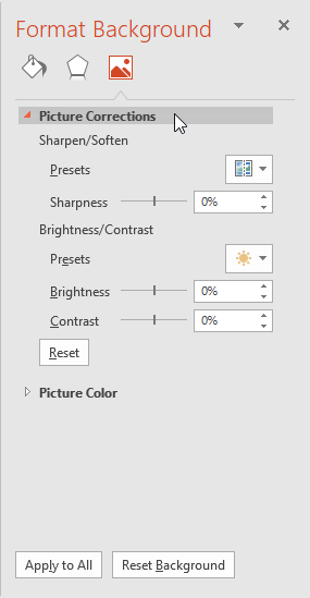 Picture Corrections options within Format Background Task Pane