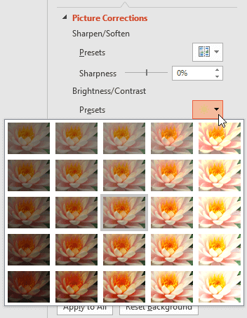 Brightness/Contrast Presets drop-down gallery