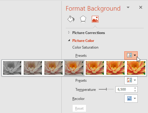 Color Saturation Presets drop-down gallery