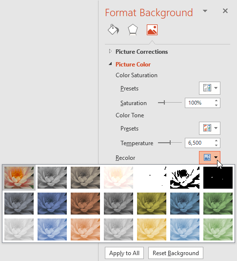 Recolor drop-down gallery