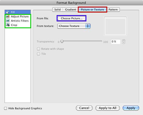 Picture or Texture tab selected within the Format Background dialog box Picture or Texture tab selected within the Format Background dialog box