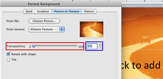 Transparency slider within the Format Background dialog box Transparency slider within the Format Background dialog box