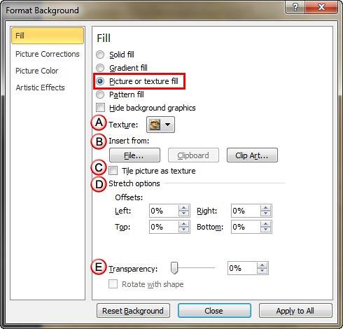 Picture or texture fill radio button selected within the Format Background dialog box