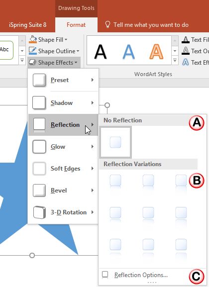 Reflection sub-gallery within Shape Effects drop-down gallery