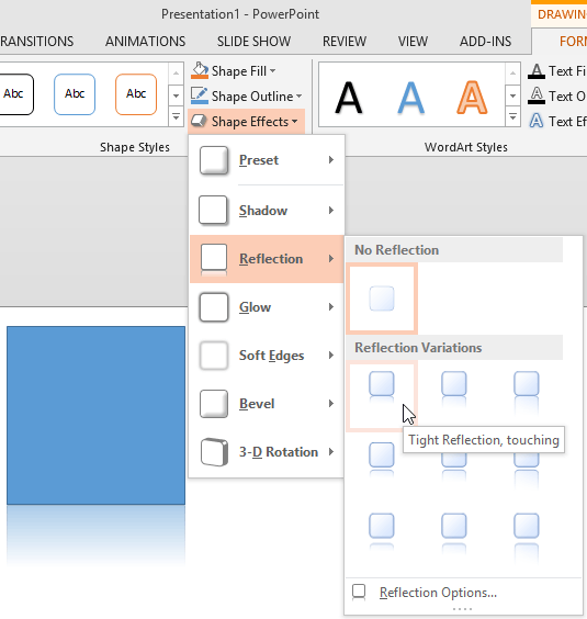 Reflection effect applied to a Rectangle shape Reflection effect applied to a Rectangle shape