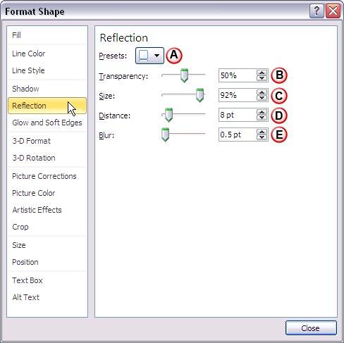 Reflection options within Format Shape dialog box Reflection options within Format Shape dialog box